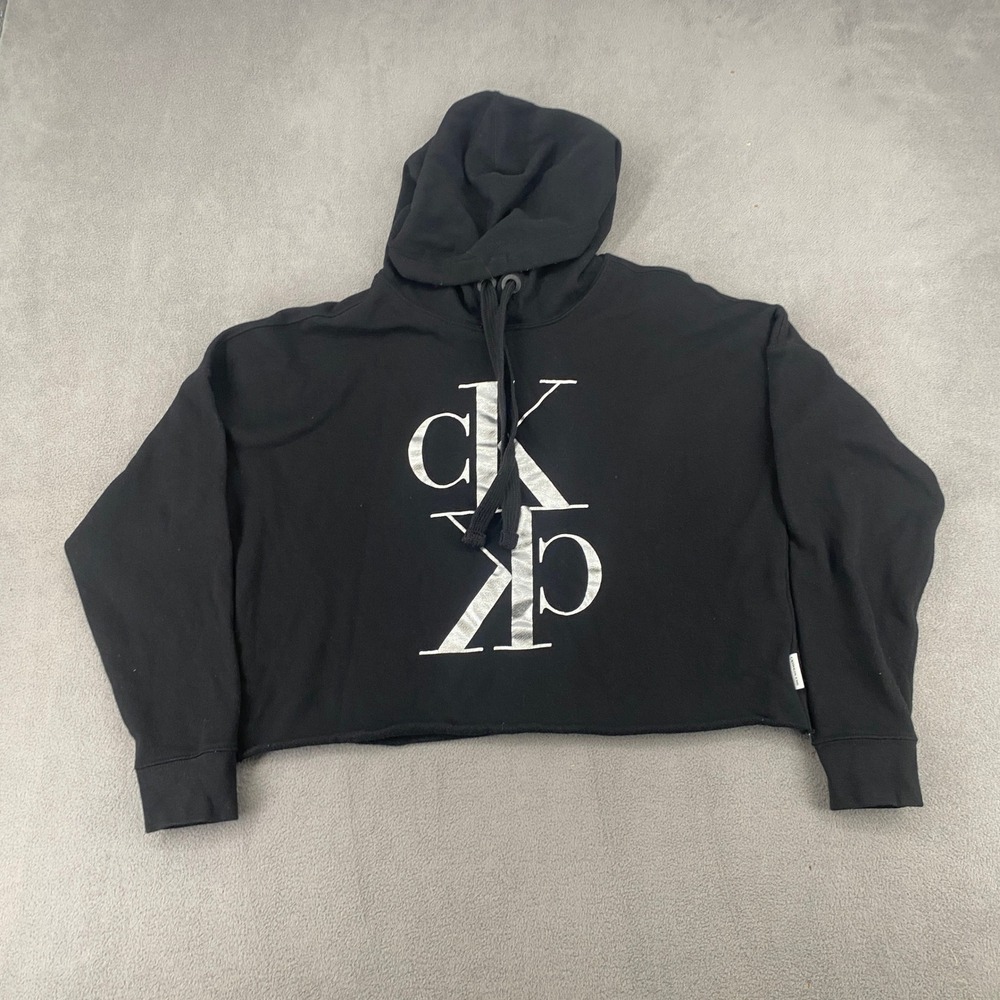 Calvin Klein Jeans Womens Black Silver Metallic Logo Cropped Hoodie Small 7661
